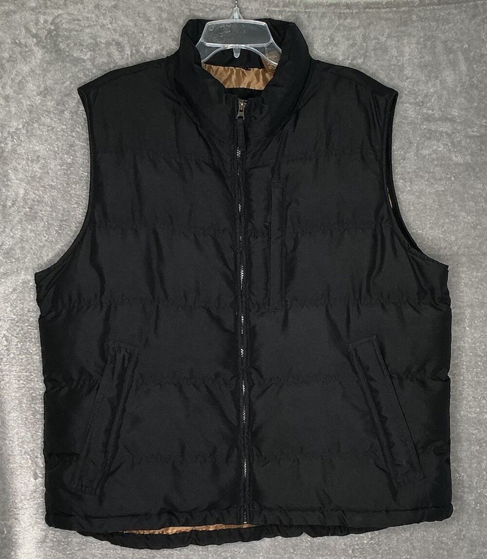 St. John’s Bay Men’s Black Puffer Beige Lined Full Zip SLeeveless Quilted Vest
